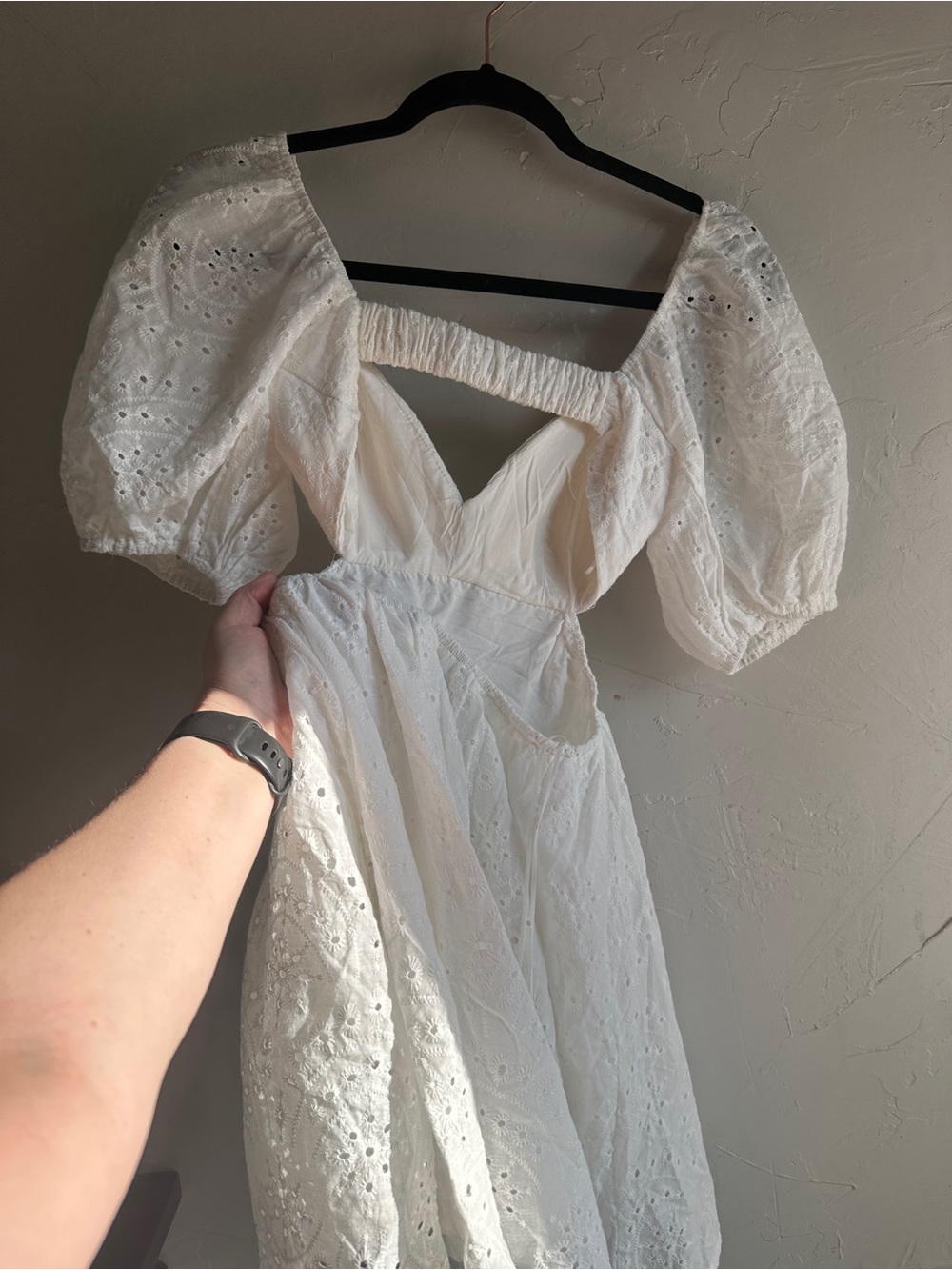 Hello Molly White Eyelet Puff Sleeve Open Back Mini Dress Cottagecore Coquette - Picture 11 of 13